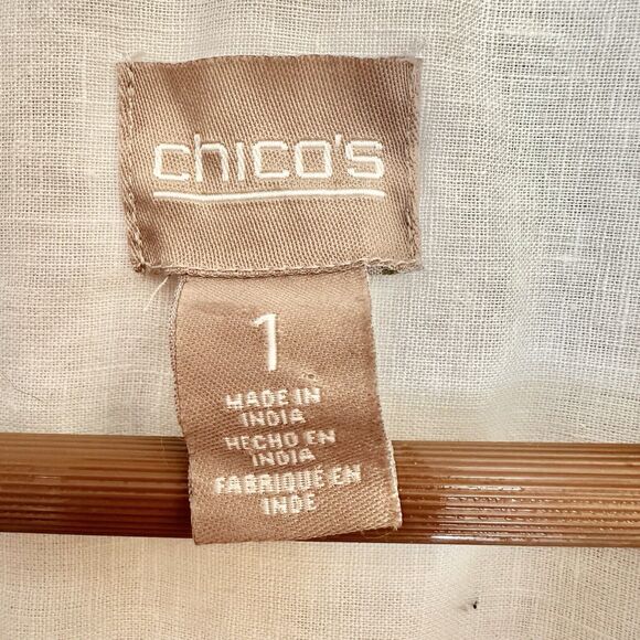 Chicos | Linen Crochet Back Button Shirt Roll Tab Sleeves Top Size 1 -‎ Med - 44 - Picture 3 of 15